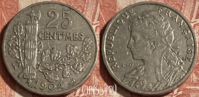 Франция 25 сантимов 1904 года, KM# 856, 266p-048