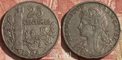 Франция 25 сантимов 1904 года, KM# 856, 283p-034 ♛