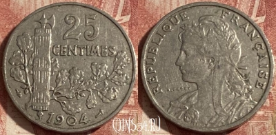 Франция 25 сантимов 1904 года, KM# 856, 287p-069 ♛