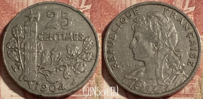 Франция 25 сантимов 1904 года, KM# 856, 288p-004 ♛