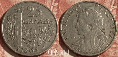 Франция 25 сантимов 1904 года, KM# 856, 288p-042 ♛