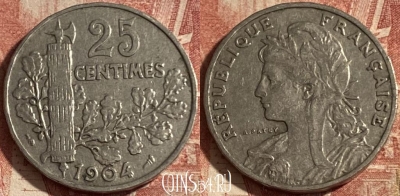 Франция 25 сантимов 1904 года, KM# 856, 288p-080 ♛