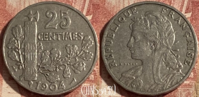Франция 25 сантимов 1904 года, KM# 856, 288p-118 ♛