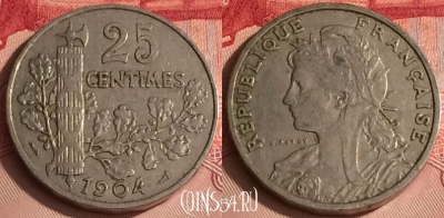 Франция 25 сантимов 1904 года, KM# 856, 310o-089