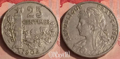 Франция 25 сантимов 1904 года, KM# 856, 310o-141