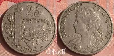 Франция 25 сантимов 1904 года, KM# 856, 311o-015