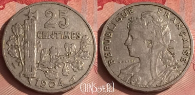 Франция 25 сантимов 1904 года, KM# 856, 326o-118