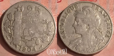 Франция 25 сантимов 1904 года, KM# 856, 327o-069 ♛