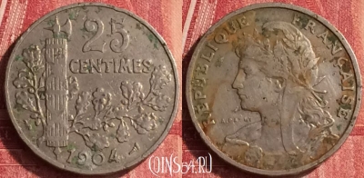 Франция 25 сантимов 1904 года, KM# 856, 338o-130 ♛