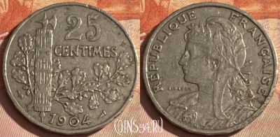 Франция 25 сантимов 1904 года, KM# 856, 338p-021 ♛