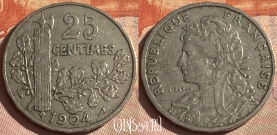 Франция 25 сантимов 1904 года, KM# 856, 338p-075 ♛