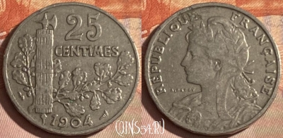 Франция 25 сантимов 1904 года, KM# 856, 338p-136 ♛