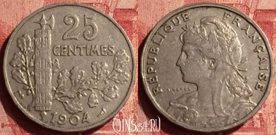 Франция 25 сантимов 1904 года, KM# 856, 348o-030