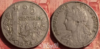 Франция 25 сантимов 1904 года, KM# 856, 348o-038