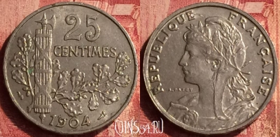 Франция 25 сантимов 1904 года, KM# 856, 348o-048 ♛