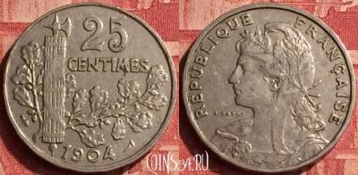 Франция 25 сантимов 1904 года, KM# 856, 358o-142