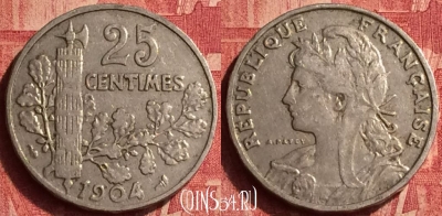 Франция 25 сантимов 1904 года, KM# 856, 359o-022