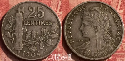 Франция 25 сантимов 1904 года, KM# 856, 365o-080 ♛