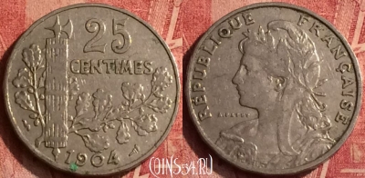 Франция 25 сантимов 1904 года, KM# 856, 365o-123
