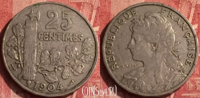 Франция 25 сантимов 1904 года, KM# 856, 365o-132