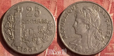 Франция 25 сантимов 1904 года, KM# 856, 366o-004