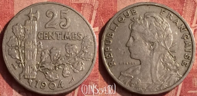 Франция 25 сантимов 1904 года, KM# 856, 366o-005