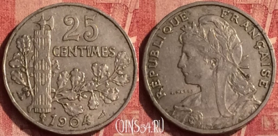 Франция 25 сантимов 1904 года, KM# 856, 366o-007