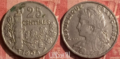 Франция 25 сантимов 1904 года, KM# 856, 366o-019