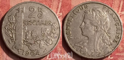 Франция 25 сантимов 1904 года, KM# 856, 366o-031