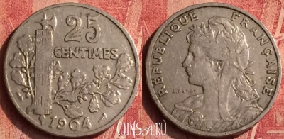 Франция 25 сантимов 1904 года, KM# 856, 366o-039