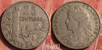 Франция 25 сантимов 1904 года, KM# 856, 375o-105