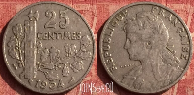 Франция 25 сантимов 1904 года, KM# 856, 376o-024