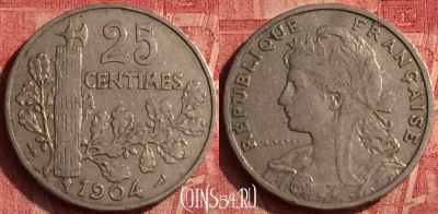 Франция 25 сантимов 1904 года, KM# 856, 376o-047
