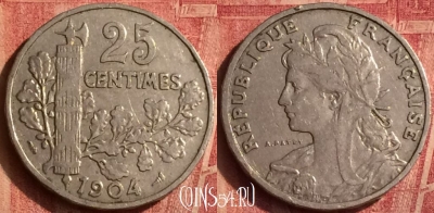 Франция 25 сантимов 1904 года, KM# 856, 376o-060