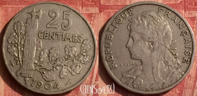 Франция 25 сантимов 1904 года, KM# 856, 377o-003