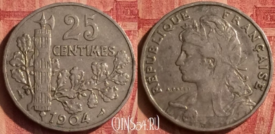 Франция 25 сантимов 1904 года, KM# 856, 377o-048
