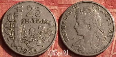 Франция 25 сантимов 1904 года, KM# 856, 377o-133