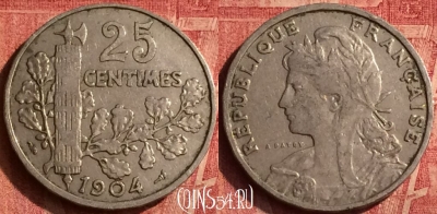 Франция 25 сантимов 1904 года, KM# 856, 377o-142