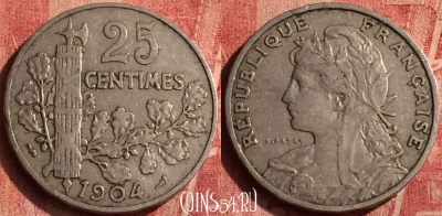 Франция 25 сантимов 1904 года, KM# 856, 379o-055