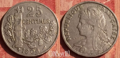 Франция 25 сантимов 1904 года, KM# 856, 388o-044 ♛