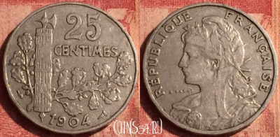 Франция 25 сантимов 1904 года, KM# 856, 392o-041