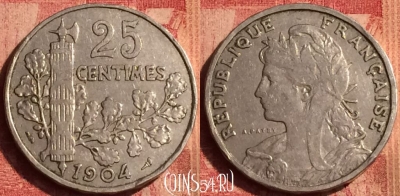Франция 25 сантимов 1904 года, KM# 856, 392o-044