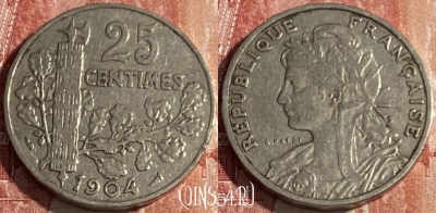 Франция 25 сантимов 1904 года, KM# 856, 407p-100 ♛