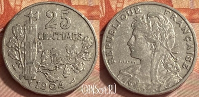 Франция 25 сантимов 1904 года, KM# 856, 412o-100