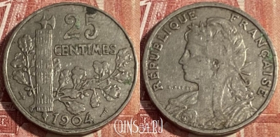 Франция 25 сантимов 1904 года, KM# 856, 420p-096 ♛