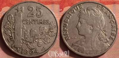 Франция 25 сантимов 1904 года, KM# 856, 430o-094