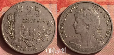 Франция 25 сантимов 1904 года, KM# 856, 434o-001