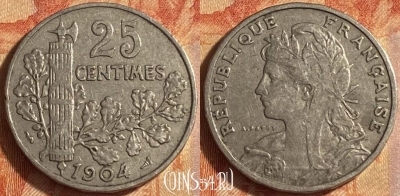 Франция 25 сантимов 1904 года, KM# 856, 445o-133 ♛
