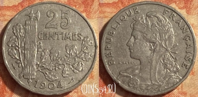 Франция 25 сантимов 1904 года, KM# 856, 450o-070