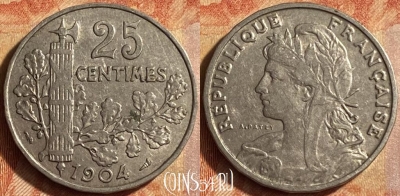 Франция 25 сантимов 1904 года, KM# 856, 451o-115